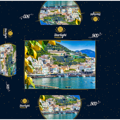 Panoramic view of beautiful Amalfi on hills leading down to the coast, Campania, Italy. Amalfi Coast is the most popular travel and vacation destination in Europe. Ripe yellow lemons in the foreground. 500 Jigsaw Puzzle box 3D Modell