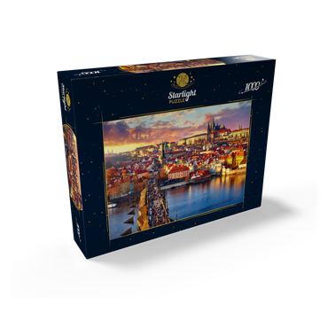 Panoramic view on top of Charles Bridge Prague Castle and Vltava River Prague Czech Republic. Picturesque landscape with sunny Old Town houses with red tegular roofs and stream tower. 1000 Jigsaw Puzzle box view1