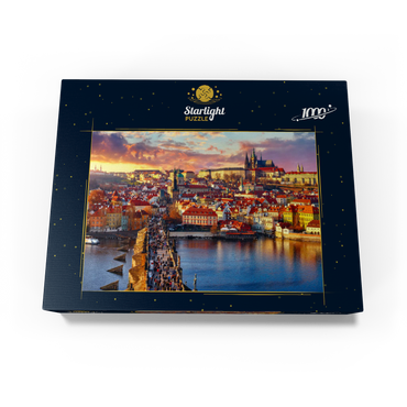 Panoramic view on top of Charles Bridge Prague Castle and Vltava River Prague Czech Republic. Picturesque landscape with sunny Old Town houses with red tegular roofs and stream tower. 1000 Jigsaw Puzzle box view1