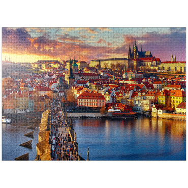puzzleplate Panoramic view on top of Charles Bridge Prague Castle and Vltava River Prague Czech Republic. Picturesque landscape with sunny Old Town houses with red tegular roofs and stream tower. 1000 Jigsaw Puzzle