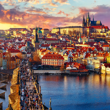 Panoramic view on top of Charles Bridge Prague Castle and Vltava River Prague Czech Republic. Picturesque landscape with sunny Old Town houses with red tegular roofs and stream tower. 1000 Jigsaw Puzzle 3D Modell