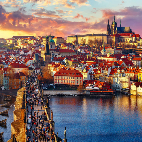 Panoramic view on top of Charles Bridge Prague Castle and Vltava River Prague Czech Republic. Picturesque landscape with sunny Old Town houses with red tegular roofs and stream tower. 1000 Jigsaw Puzzle 3D Modell