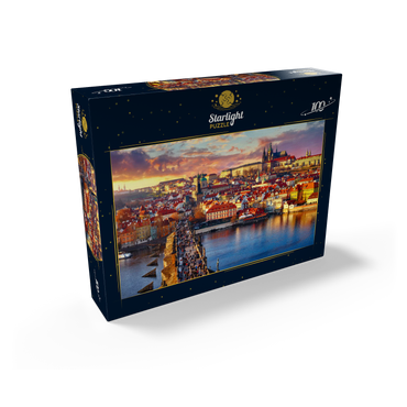 Panoramic view on top of Charles Bridge Prague Castle and Vltava River Prague Czech Republic. Picturesque landscape with sunny Old Town houses with red tegular roofs and stream tower. 100 Jigsaw Puzzle box view1