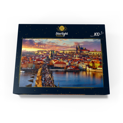 Panoramic view on top of Charles Bridge Prague Castle and Vltava River Prague Czech Republic. Picturesque landscape with sunny Old Town houses with red tegular roofs and stream tower. 100 Jigsaw Puzzle box view1