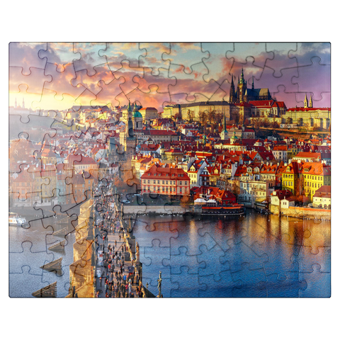 puzzleplate Panoramic view on top of Charles Bridge Prague Castle and Vltava River Prague Czech Republic. Picturesque landscape with sunny Old Town houses with red tegular roofs and stream tower. 100 Jigsaw Puzzle