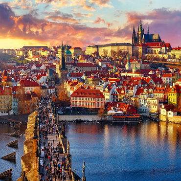 Panoramic view on top of Charles Bridge Prague Castle and Vltava River Prague Czech Republic. Picturesque landscape with sunny Old Town houses with red tegular roofs and stream tower. 100 Jigsaw Puzzle 3D Modell