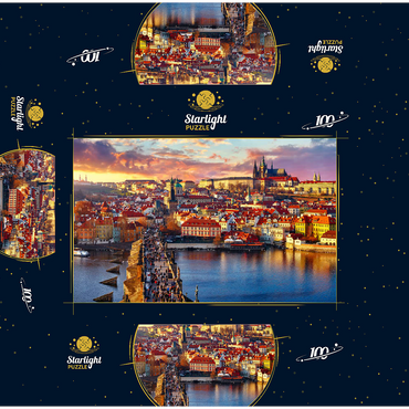 Panoramic view on top of Charles Bridge Prague Castle and Vltava River Prague Czech Republic. Picturesque landscape with sunny Old Town houses with red tegular roofs and stream tower. 100 Jigsaw Puzzle box 3D Modell