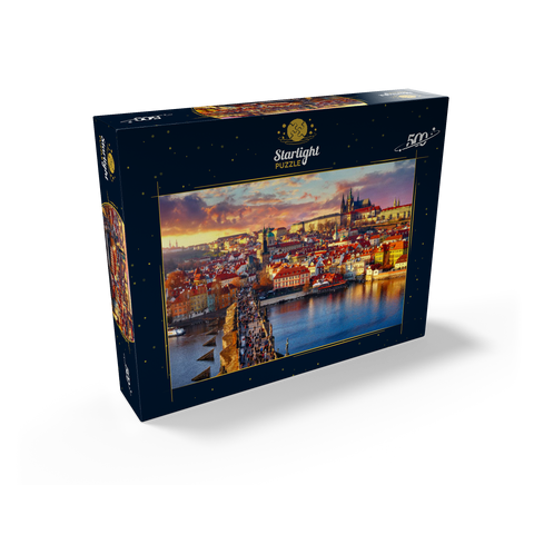 Panoramic view on top of Charles Bridge Prague Castle and Vltava River Prague Czech Republic. Picturesque landscape with sunny Old Town houses with red tegular roofs and stream tower. 500 Jigsaw Puzzle box view1