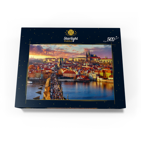 Panoramic view on top of Charles Bridge Prague Castle and Vltava River Prague Czech Republic. Picturesque landscape with sunny Old Town houses with red tegular roofs and stream tower. 500 Jigsaw Puzzle box view1