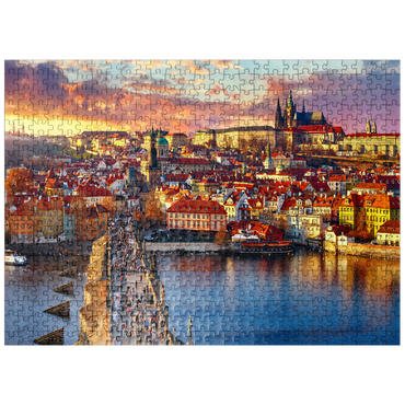 puzzleplate Panoramic view on top of Charles Bridge Prague Castle and Vltava River Prague Czech Republic. Picturesque landscape with sunny Old Town houses with red tegular roofs and stream tower. 500 Jigsaw Puzzle