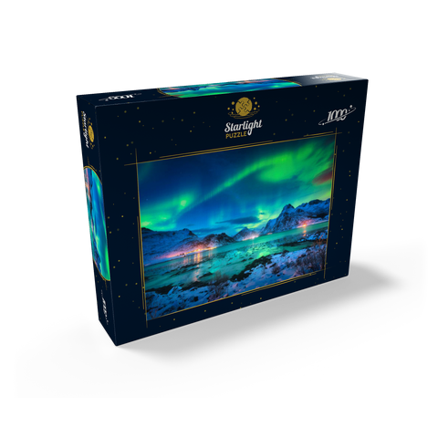 Aurora borealis over sea coast, snow covered mountains and city lights at night. Northern lights on Lofoten Islands, Norway. Starry sky with aurora borealis. Winter landscape with aurora reflected in water. 1000 Jigsaw Puzzle box view1