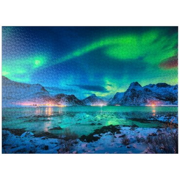 puzzleplate Aurora borealis over sea coast, snow covered mountains and city lights at night. Northern lights on Lofoten Islands, Norway. Starry sky with aurora borealis. Winter landscape with aurora reflected in water. 1000 Jigsaw Puzzle