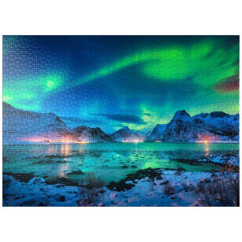 puzzleplate Aurora borealis over sea coast, snow covered mountains and city lights at night. Northern lights on Lofoten Islands, Norway. Starry sky with aurora borealis. Winter landscape with aurora reflected in water. 1000 Jigsaw Puzzle