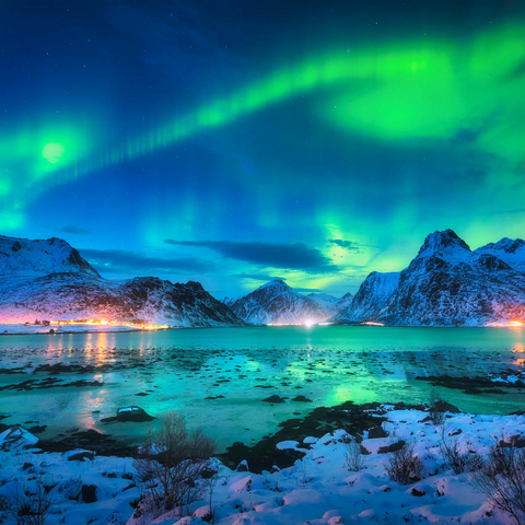 Aurora borealis over sea coast, snow covered mountains and city lights at night. Northern lights on Lofoten Islands, Norway. Starry sky with aurora borealis. Winter landscape with aurora reflected in water. 1000 Jigsaw Puzzle 3D Modell