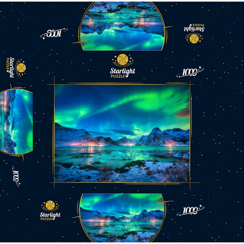 Aurora borealis over sea coast, snow covered mountains and city lights at night. Northern lights on Lofoten Islands, Norway. Starry sky with aurora borealis. Winter landscape with aurora reflected in water. 1000 Jigsaw Puzzle box 3D Modell