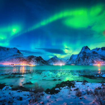 Aurora borealis over sea coast, snow covered mountains and city lights at night. Northern lights on Lofoten Islands, Norway. Starry sky with aurora borealis. Winter landscape with aurora reflected in water. 100 Jigsaw Puzzle 3D Modell