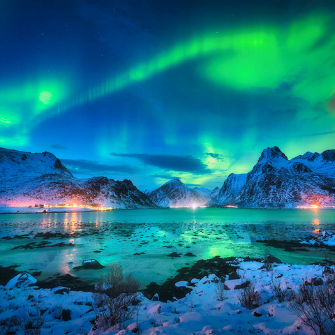 Aurora borealis over sea coast, snow covered mountains and city lights at night. Northern lights on Lofoten Islands, Norway. Starry sky with aurora borealis. Winter landscape with aurora reflected in water. 100 Jigsaw Puzzle 3D Modell
