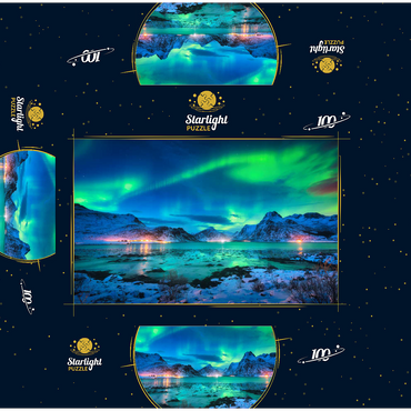 Aurora borealis over sea coast, snow covered mountains and city lights at night. Northern lights on Lofoten Islands, Norway. Starry sky with aurora borealis. Winter landscape with aurora reflected in water. 100 Jigsaw Puzzle box 3D Modell
