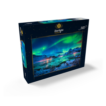 Aurora borealis over sea coast, snow covered mountains and city lights at night. Northern lights on Lofoten Islands, Norway. Starry sky with aurora borealis. Winter landscape with aurora reflected in water. 500 Jigsaw Puzzle box view1