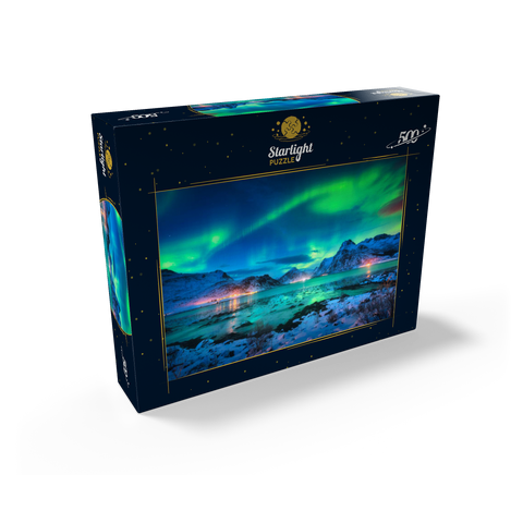 Aurora borealis over sea coast, snow covered mountains and city lights at night. Northern lights on Lofoten Islands, Norway. Starry sky with aurora borealis. Winter landscape with aurora reflected in water. 500 Jigsaw Puzzle box view1