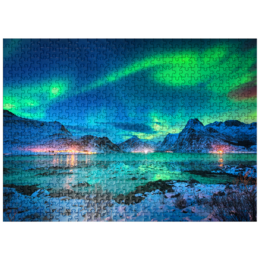 puzzleplate Aurora borealis over sea coast, snow covered mountains and city lights at night. Northern lights on Lofoten Islands, Norway. Starry sky with aurora borealis. Winter landscape with aurora reflected in water. 500 Jigsaw Puzzle