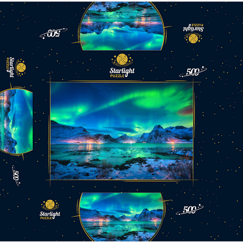 Aurora borealis over sea coast, snow covered mountains and city lights at night. Northern lights on Lofoten Islands, Norway. Starry sky with aurora borealis. Winter landscape with aurora reflected in water. 500 Jigsaw Puzzle box 3D Modell