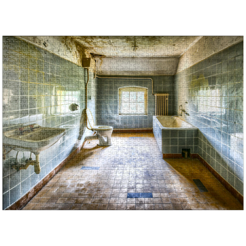 puzzleplate Renovated and dirty bathroom with blue tiles in old abandoned house 1000 Jigsaw Puzzle