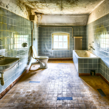 Renovated and dirty bathroom with blue tiles in old abandoned house 1000 Jigsaw Puzzle 3D Modell