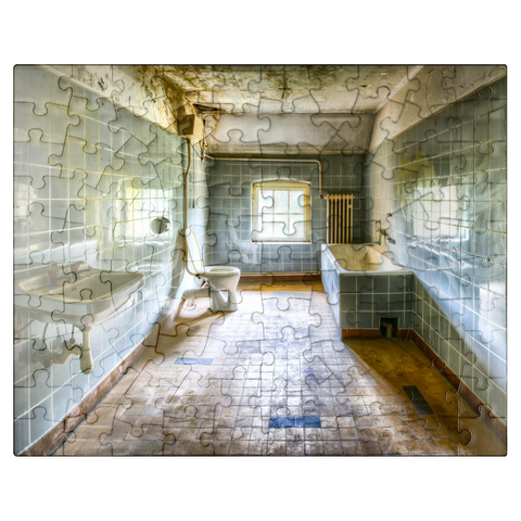 puzzleplate Renovated and dirty bathroom with blue tiles in old abandoned house 100 Jigsaw Puzzle