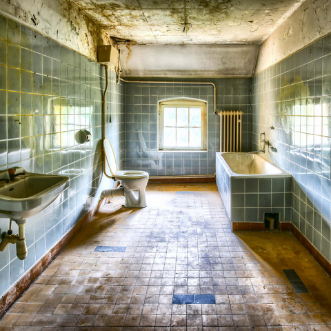 Renovated and dirty bathroom with blue tiles in old abandoned house 100 Jigsaw Puzzle 3D Modell