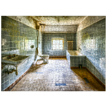puzzleplate Renovated and dirty bathroom with blue tiles in old abandoned house 500 Jigsaw Puzzle