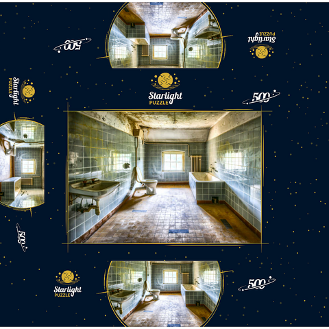 Renovated and dirty bathroom with blue tiles in old abandoned house 500 Jigsaw Puzzle box 3D Modell