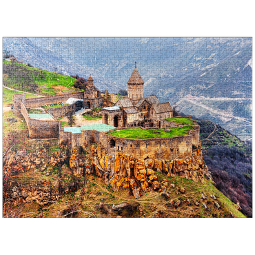 puzzleplate Tatev, Armenia. aerial view of 9th century Armenian Apostolic Monastery near Tatev village in Armenia. tree and mountains on the background in springtime 1000 Jigsaw Puzzle
