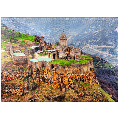 puzzleplate Tatev, Armenia. aerial view of 9th century Armenian Apostolic Monastery near Tatev village in Armenia. tree and mountains on the background in springtime 1000 Jigsaw Puzzle