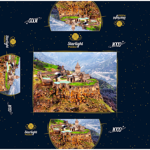 Tatev, Armenia. aerial view of 9th century Armenian Apostolic Monastery near Tatev village in Armenia. tree and mountains on the background in springtime 1000 Jigsaw Puzzle box 3D Modell
