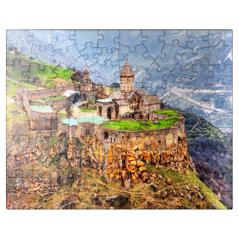 puzzleplate Tatev, Armenia. aerial view of 9th century Armenian Apostolic Monastery near Tatev village in Armenia. tree and mountains on the background in springtime 100 Jigsaw Puzzle
