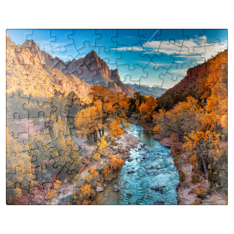 puzzleplate View of Watchman Mountain and the Virgin River in Zion National Park in the southwestern United States, near Springdale, Utah, Arizona. 100 Jigsaw Puzzle