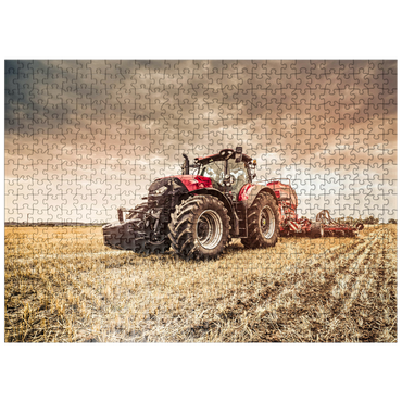 puzzleplate Modern red tractor seeding directly into the stubble, with red equipment and GPS for precision farming in the Czech Republic. 500 Jigsaw Puzzle
