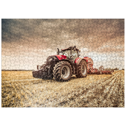 puzzleplate Modern red tractor seeding directly into the stubble, with red equipment and GPS for precision farming in the Czech Republic. 500 Jigsaw Puzzle