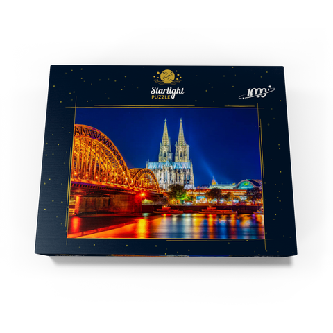Night view of Cologne Cathedral and Hohenzollern Bridge over Rhine, Germany 1000 Jigsaw Puzzle box view1