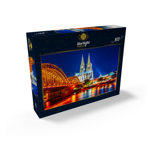 Night view of Cologne Cathedral and Hohenzollern Bridge over Rhine, Germany 100 Jigsaw Puzzle box view1