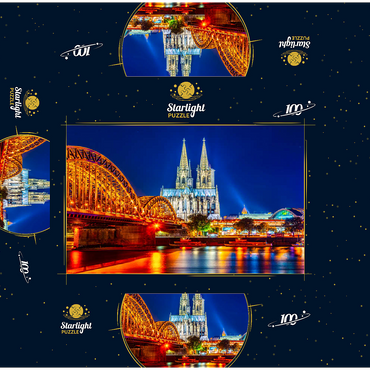 Night view of Cologne Cathedral and Hohenzollern Bridge over Rhine, Germany 100 Jigsaw Puzzle box 3D Modell