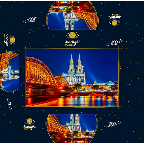 Night view of Cologne Cathedral and Hohenzollern Bridge over Rhine, Germany 100 Jigsaw Puzzle box 3D Modell