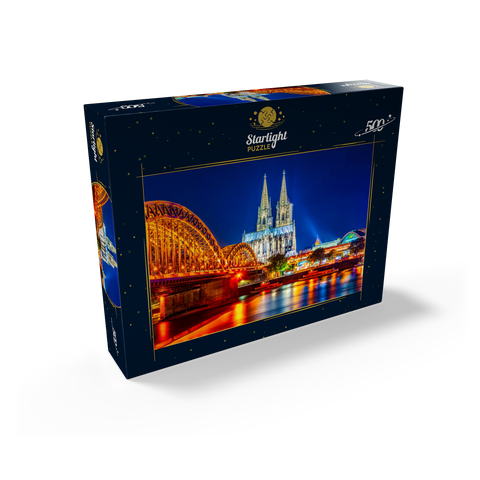 Night view of Cologne Cathedral and Hohenzollern Bridge over Rhine, Germany 500 Jigsaw Puzzle box view1