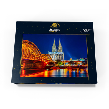 Night view of Cologne Cathedral and Hohenzollern Bridge over Rhine, Germany 500 Jigsaw Puzzle box view1