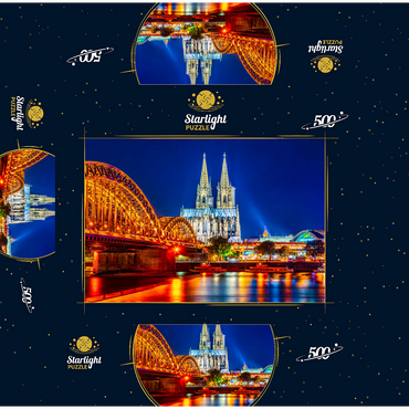 Night view of Cologne Cathedral and Hohenzollern Bridge over Rhine, Germany 500 Jigsaw Puzzle box 3D Modell