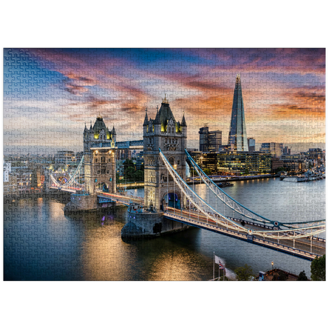puzzleplate Aerial view to illuminated Tower Bridge and skyline of London, Great Britain, shortly after sunset 1000 Jigsaw Puzzle