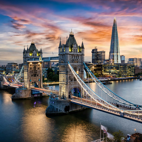 Aerial view to illuminated Tower Bridge and skyline of London, Great Britain, shortly after sunset 1000 Jigsaw Puzzle 3D Modell