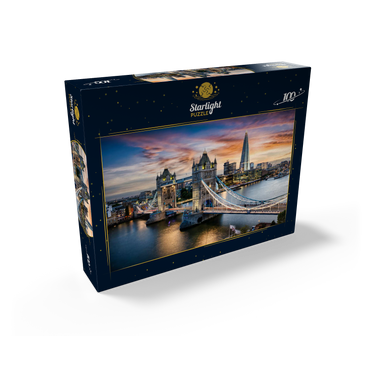 Aerial view to illuminated Tower Bridge and skyline of London, Great Britain, shortly after sunset 100 Jigsaw Puzzle box view1