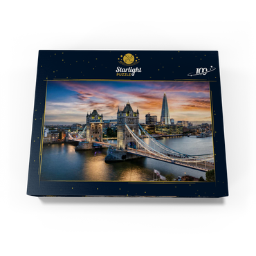 Aerial view to illuminated Tower Bridge and skyline of London, Great Britain, shortly after sunset 100 Jigsaw Puzzle box view1
